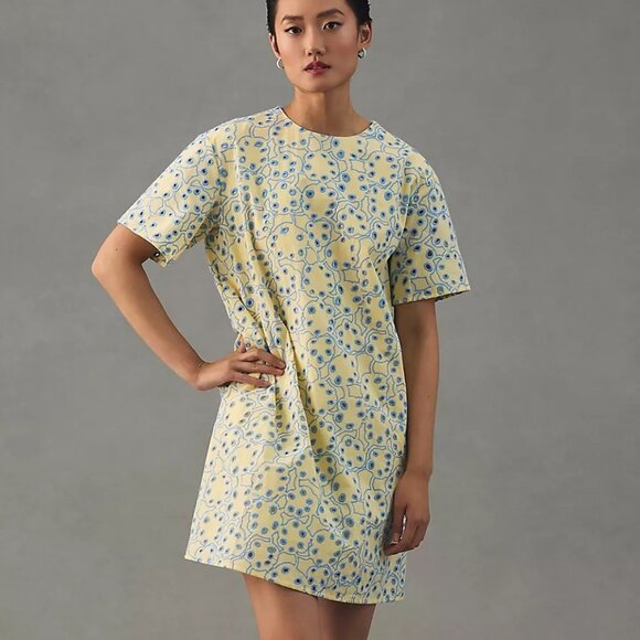 Marimekko Dresses & Skirts - Marimekko Niila Rentukka Dress 44 Yellow Blue Eyelet Cotton Shift Pockets Pastel